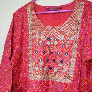 Bhandhini Print Red Anarkali Type Kurta