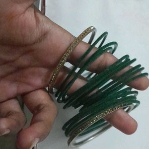 14 Pcs Of Velvet Green Bangles With 2 Kangans