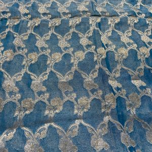 Blue Banarasi Tissue Saree With Silver Jari