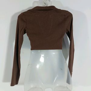 Brown Plain Casual Crop Top (Women)