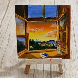 Window sunset view painting