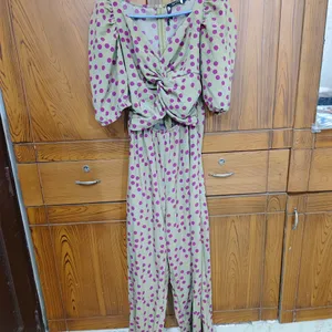 Beige Jumpsuit With Pink Podka Dots.