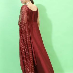 Maroon Anarkali with golden printed dupatta