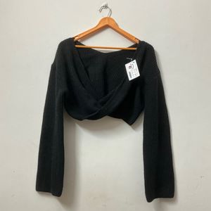 Black Flared Sleeve Deep Neck Sweater