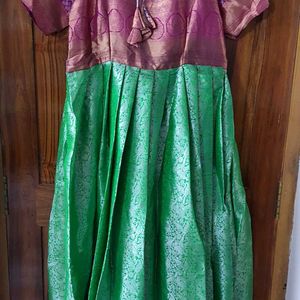 Green With Pink Color Semi-pattu Longfrock