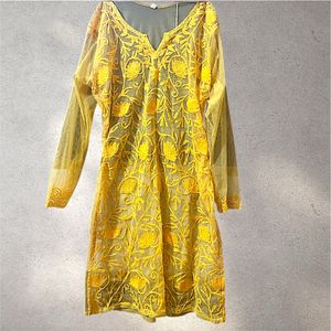 Mustard Net Chikankari Kurta