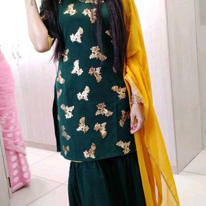 Dark Green Printed Kurta With Sharara & Dupatta