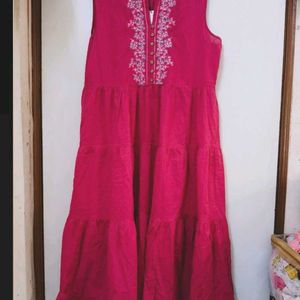 Cotton Deep Pink Ankle Length Sleeveless Kurta