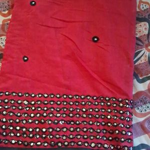 One Time Used Mirror Design Red Saree