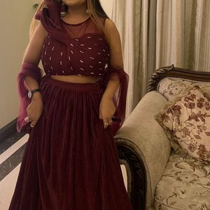 New Burgundy Hooded Designer Blouse Lehenga Set