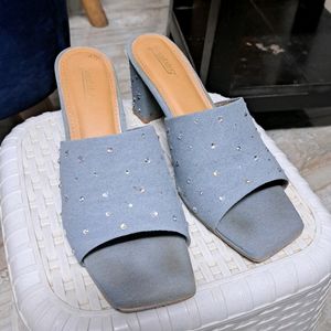 Trendy Embellished Denim Heels