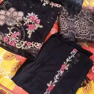 Black Floral Embroidery Semi Stitched Suit