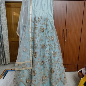 Dusky Blue Gown With Golden Thread Work