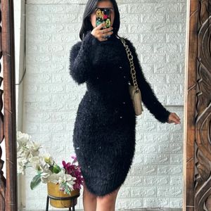 FUR FAUX BLACK BODYCON DRESS