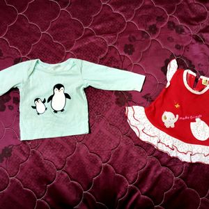 🐧Combo-Cute Dolphin Baby Top & Red Short Frock❣️