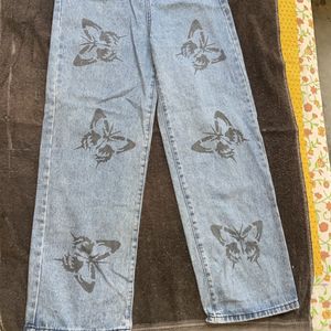 Beautiful Butterfly Print Wide Jeans