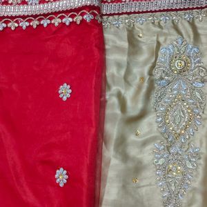 Red With Sandal Net & Silk Saree