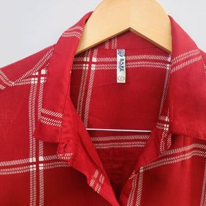 Red Checked Casual Half Sleeves Shirt Collar Women