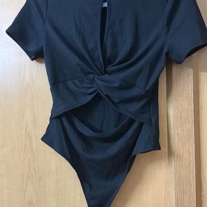 Black Ribbed Bodysuit With Cutout