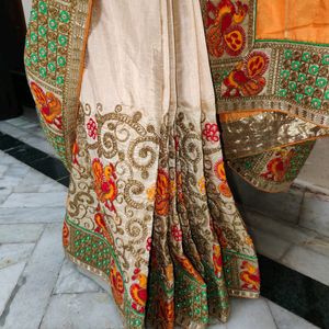 Orange and Beige Saree With Stiched Blouse