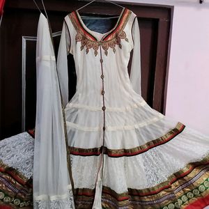 White Net Anarkali Suit With Dupatta