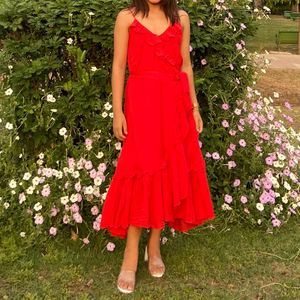 Valentines Day Red Flounce Trimmed  Wrap Dress