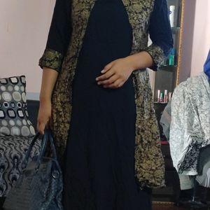 Black Long Dress With Ethnic Printed Coat