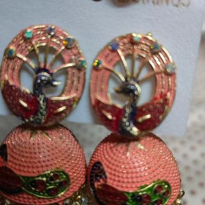 Long Jhumka Peacock Party Wearing Earrings