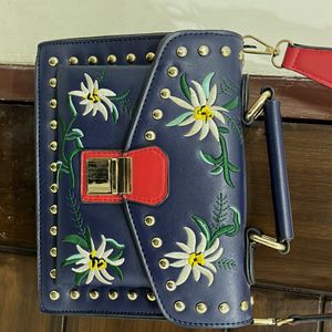 Women navy Blue Designer Bag With Embroidery Flowers Print