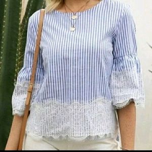 Blue And White Stripped Top With V Shape Cut