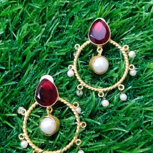 Brass Earrings With Red Stone And Beads