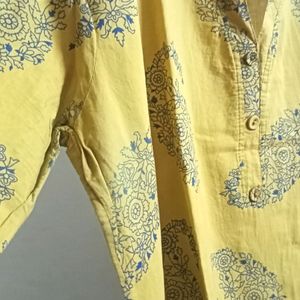 Mustard And Blue Printed Cotton Kurta