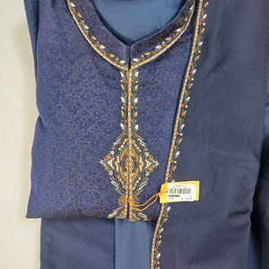 Long Jacket Sherwani With Work (Blue Jamewar)