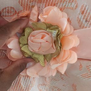 Peach Coloured Rose Patch Neck Design Dress