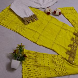 Yellow Kurti With White Trouser 🤍Bust 30