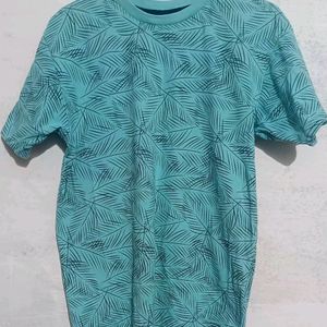 Cyan Blue Leaf Print Design Tshirt 👕