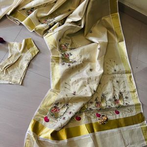 Gold 2 kerala Saree With Blouse