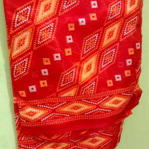 Chunri Print Red Cooton Sari(Piku Fall Done)