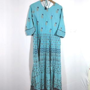 Long Printed Kurta Cyan Color