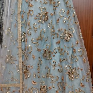 Dusky Blue Gown With Golden Thread Work