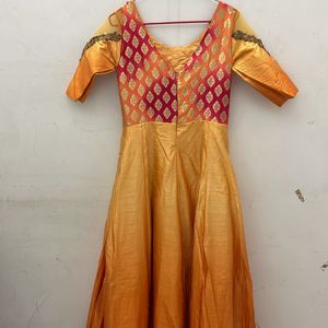 Ethnic Gown With Dupatta Orange Yellow Colour