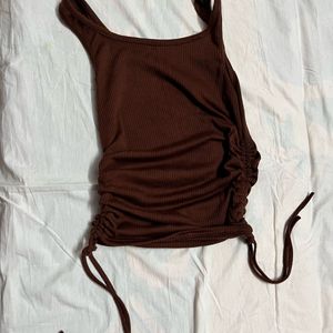 SSS Brown Drawstring Ribbed Top