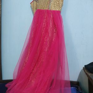 Pink Gorgeous, Stone Platted , Layered Golden And Pink Ethnic Gown