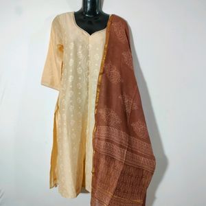 Cream Casual Kurta With Duppata (Women's)