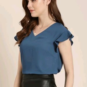 Teal Blue V-Neck Top With Flutter Sleeves