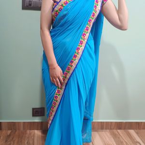 Blue Saree With Colorful Embroidery Blouse