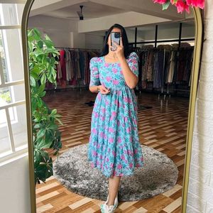 DESIGNER SKY BLUE FLORAL PRINT GOWN