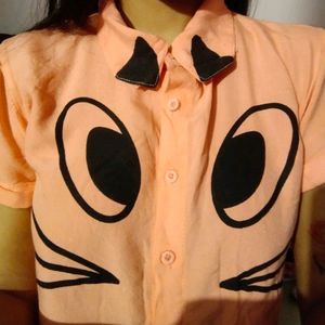 Cat Print Crop Shirt Top Size S