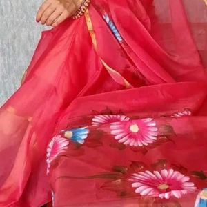 Brand New Hand Painted Organza Saree