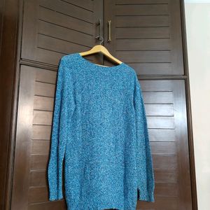 Women Blue Oversized Knitted Cotton Sweater